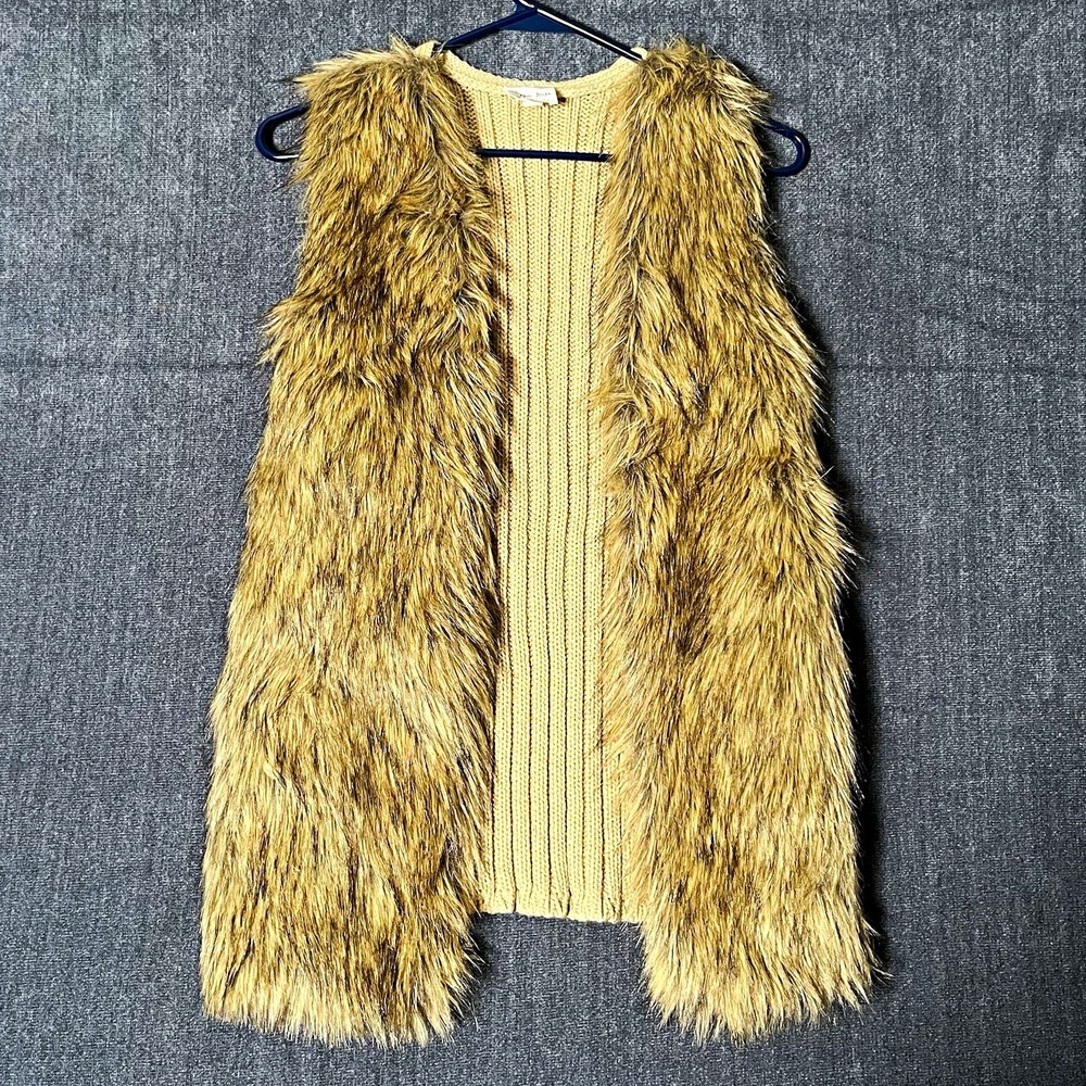 Hippie Rose Womens XS Faux Fur Lined Open Front Vest Beige Brown Mid-Length